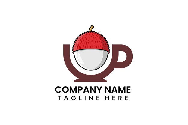 Flat coffee cup lychee fruits logo icon template vector design illustration