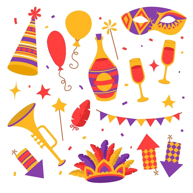 Flat color carnival symbols, mask, fireworks, confetti wih flags, trumpet and champagne bottle with glasses, baloons with feather