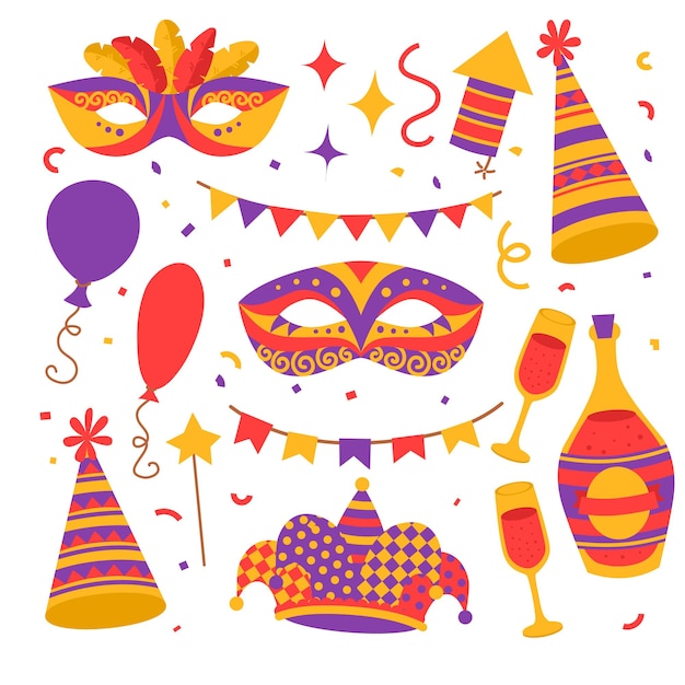 Flat color carnival symbols, mask, hat, bottle of champagne with glasses, confetti wih flags and baloons