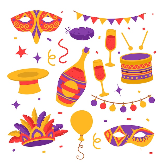 Flat color carnival symbols, masks, hats, confetti wih flags, baloons and drum, bottle of champagne with glasses