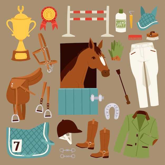 Flat color jockey icons set with equipment for horse riding isolated and horseshoe saddle sport race...