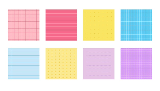 Flat colored paper notes set squared templates sheet with different linear cross dotted and grid pat...