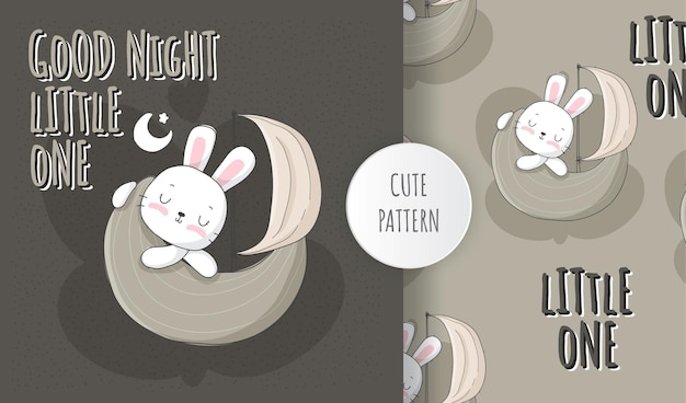 Flat cute animal bunny sleep on the moon pattern set