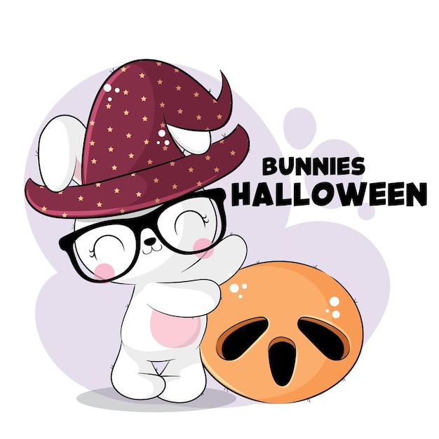 Flat cute animal bunny with pumpkin halloween illustration for kids. Cute bunny character