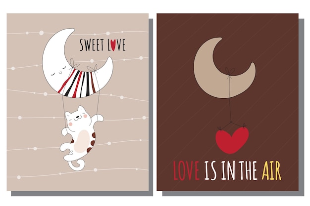 Flat cute animal collection cat on the moon and heart illustration for kids Cute cat character