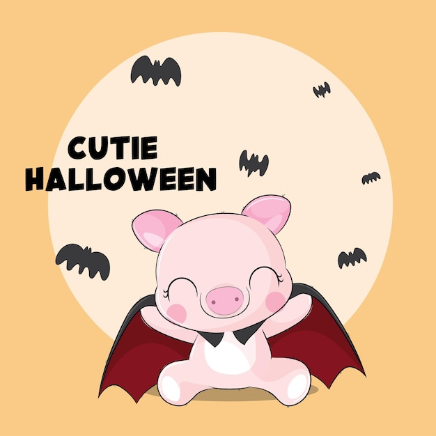 Flat cute animal Dracula  pig  illustration for kids. Cute pig character