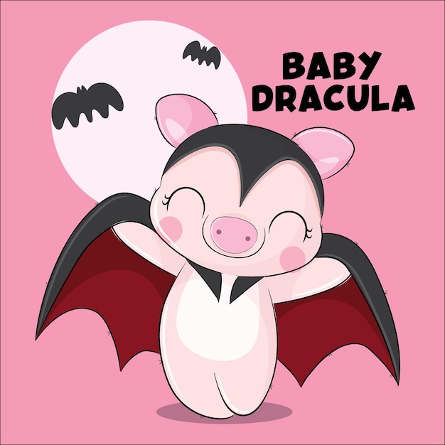 Flat cute animal Dracula  pig  illustration for kids. Cute pig character