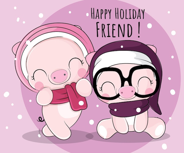 Flat cute animal little pig happy holiday with friend illustration for kids. Cute pig character