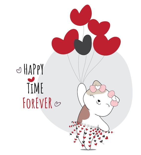 Flat cute animal pretty cat with red balloon illustration for kids