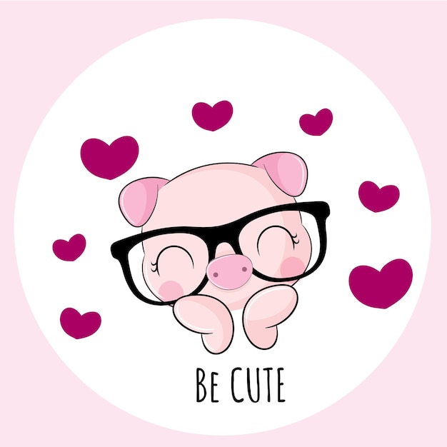 Flat cute animal pretty pig with glasses illustration for kids. Cute pig character