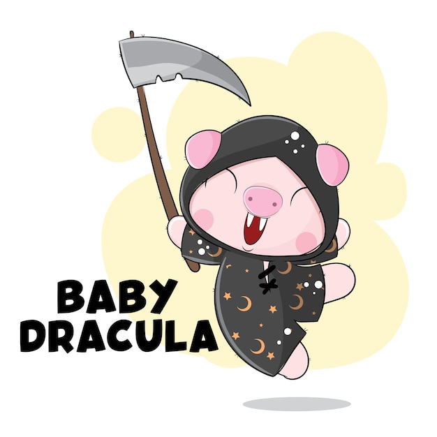 Flat cute animal witch pig halloween illustration for kids. Cute pig character