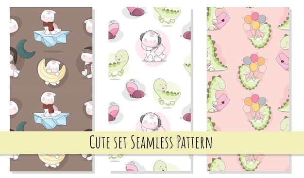 Flat cute baby dinosaurs seamless pattern set