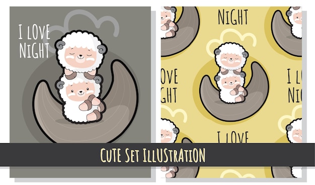 Vector flat cute illustration set of cute sheep on the moon