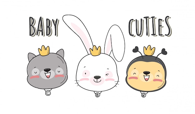 Flat cute little head baby animal pattern illustration