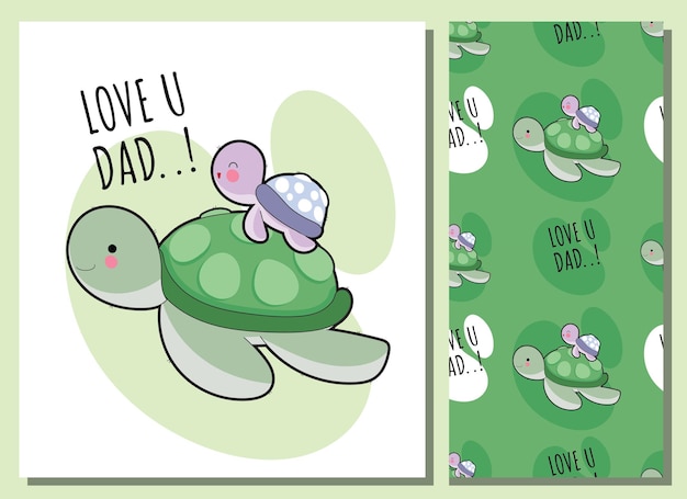 Flat cute turtle illustration for kids and pattern set