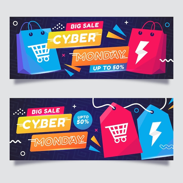 Flat cyber monday horizontal banners set