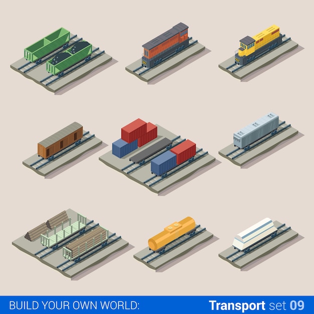 Flat d isometric railroad locomotive carriage cistern tank transport building block infographic set