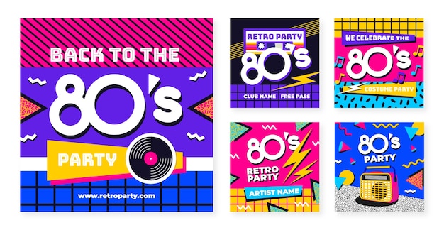 Flat design 80s party instagram posts template