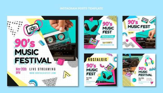 Flat design 90s music festival instagram posts