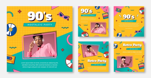 Flat design 90s party instagram posts template