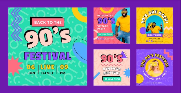 Flat design 90s party instagram posts template