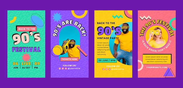 Flat design 90s party instagram stories template