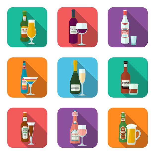 Flat design alcohol bottles and glasses with shadow icons set