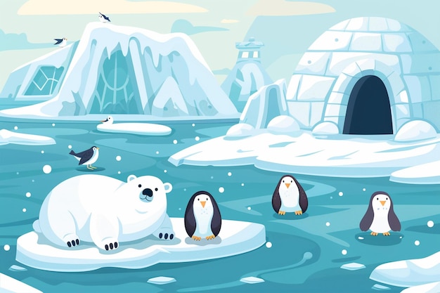 Vector flat design arctic animals playing