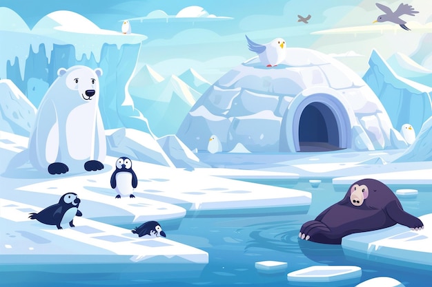 Vector flat design arctic animals playing