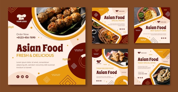 Flat design asian food instagram post set