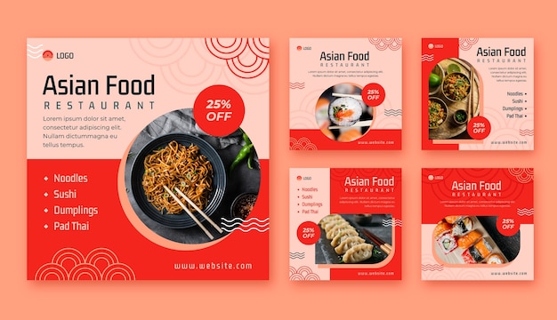 Flat design asian food instagram posts template