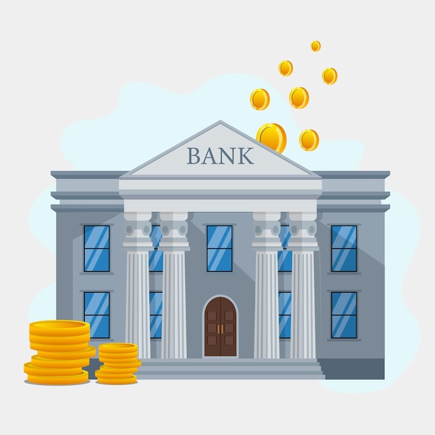 Flat design bank building with gold coins