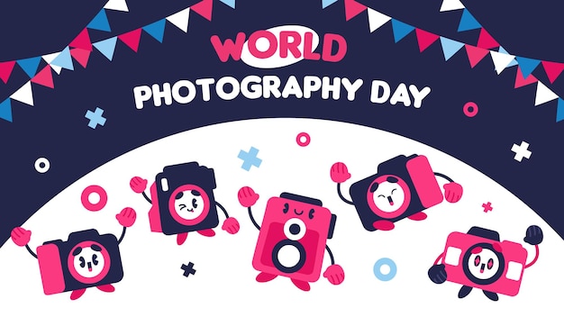 Flat design banner of cute camera for world photography day