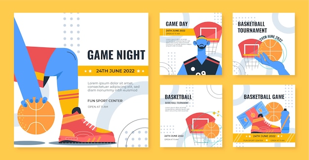 Flat design basketball instagram posts template