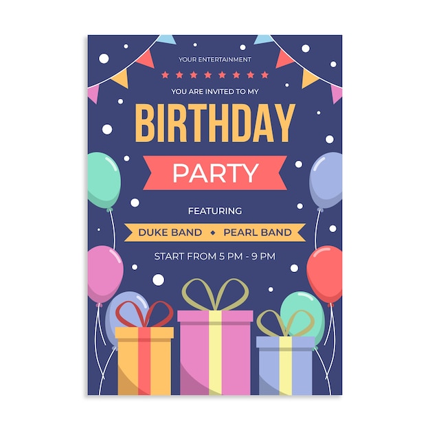 Flat design birthday party flyer template