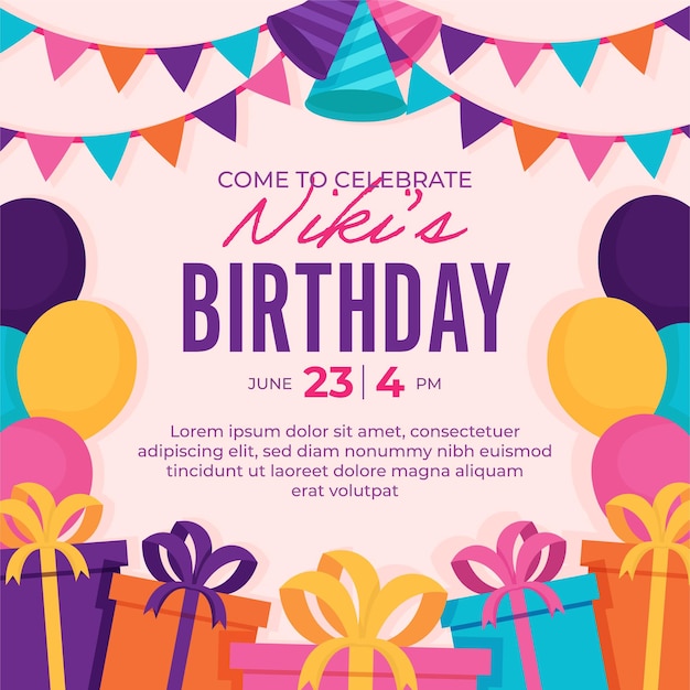 Flat design birthday party invitation for social media post