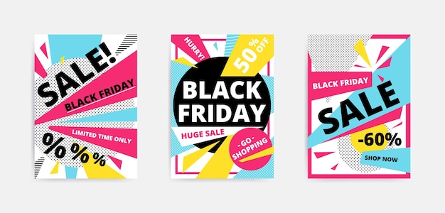 Flat design Black Friday sale website banner template set. Bright colorful vector for social media, posters, email, print, ads, promotional material. Yellow Pink Blue black and white