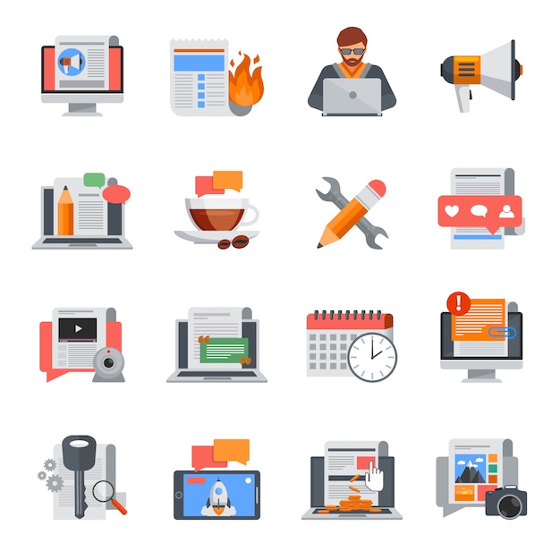 Flat design blogging icons set for blog management on white background isolated vector illustration