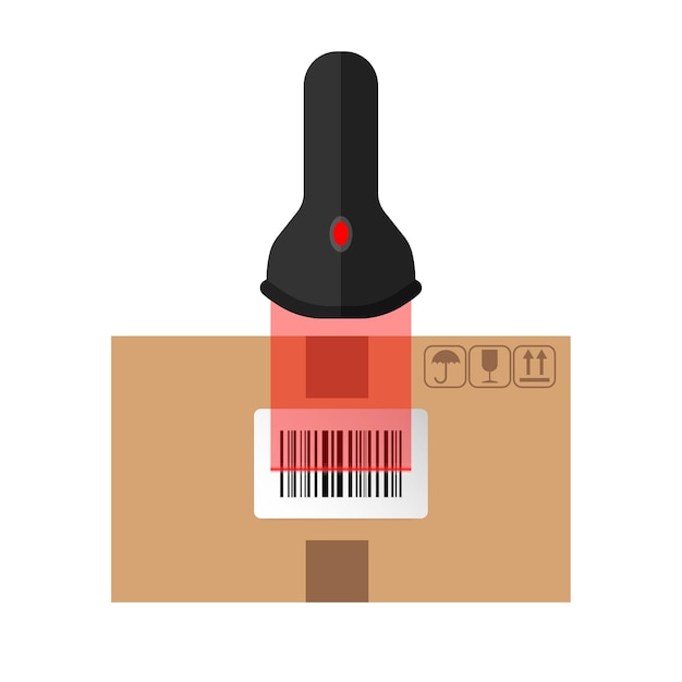 Flat design of box with barcode sticker on it. Scanning barcode label sticker. Vector illustration.