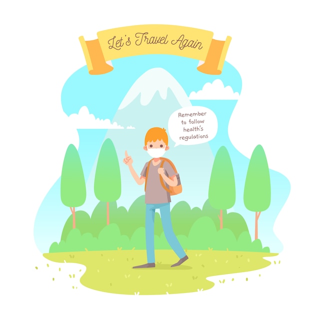 Flat design of boy hiking with mask