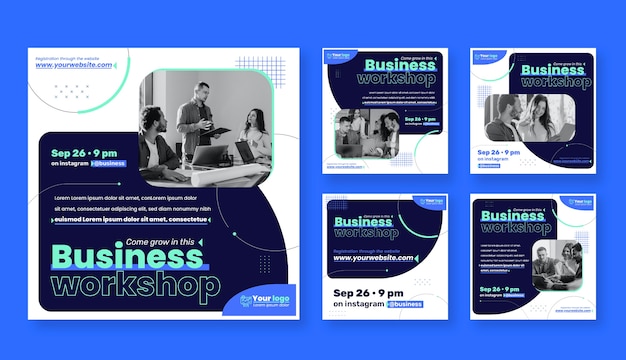 Flat design business workshop instagram post set