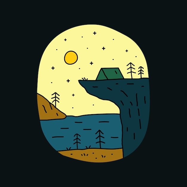 Flat design of camping on the edge of a cliff with a view of small islands on a beach