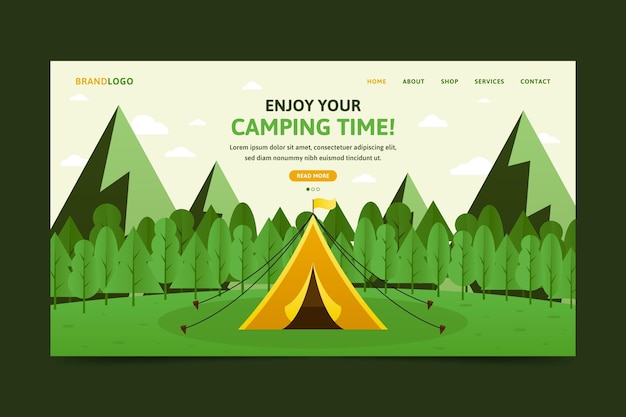 Flat design camping landing page with tent