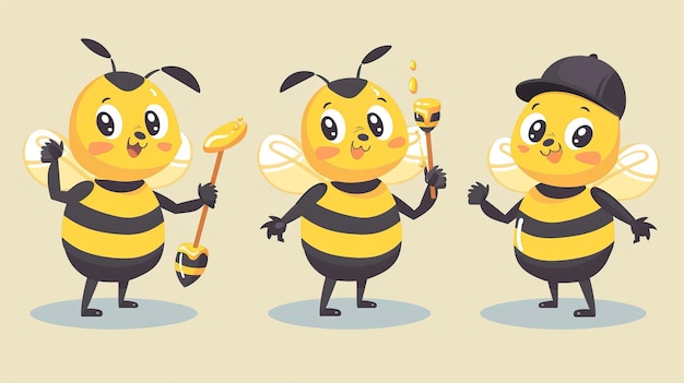 Vector flat design cartoon cute bee mascot set with different poses cartoon cute bee showing victory sign h