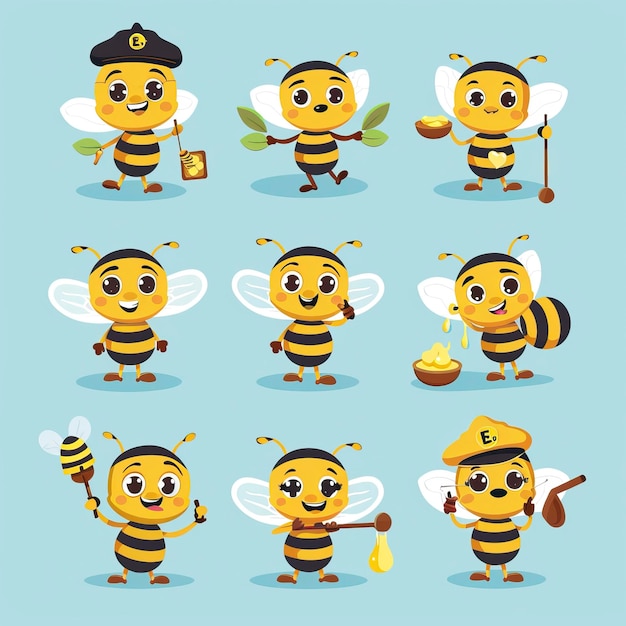 Vector flat design cartoon cute bee mascot set with different poses cartoon cute bee showing victory sign h