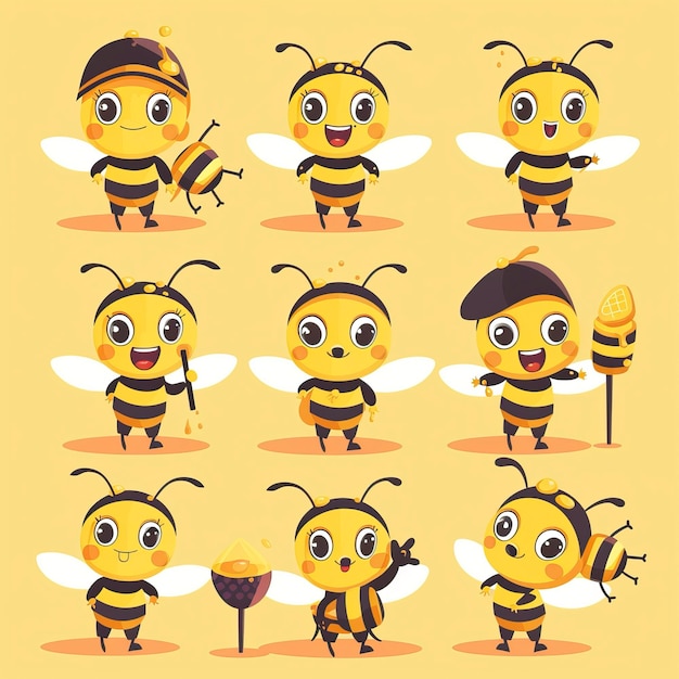 Flat design cartoon cute bee mascot set with different poses Cartoon cute bee showing victory sign h