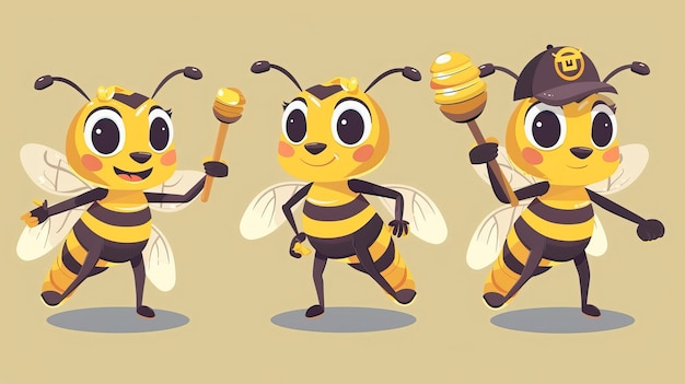 Vector flat design cartoon cute bee mascot set with different poses cartoon cute bee showing victory sign h