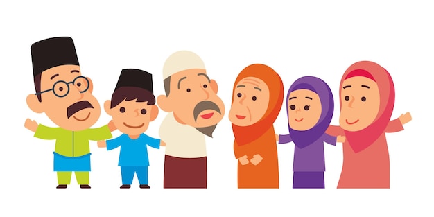 Flat design cartoon cute muslim family illustration