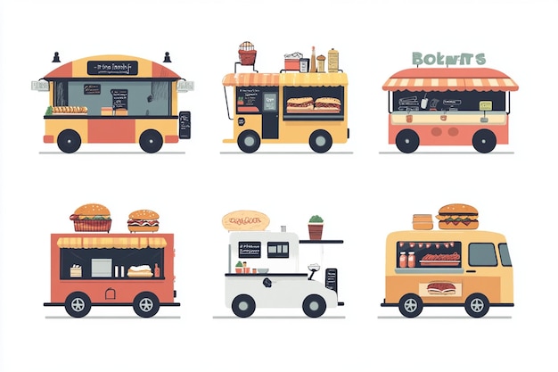 Flat Design Cartoon Food Truck Icons