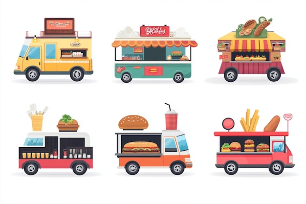 Flat Design Cartoon Food Truck Icons